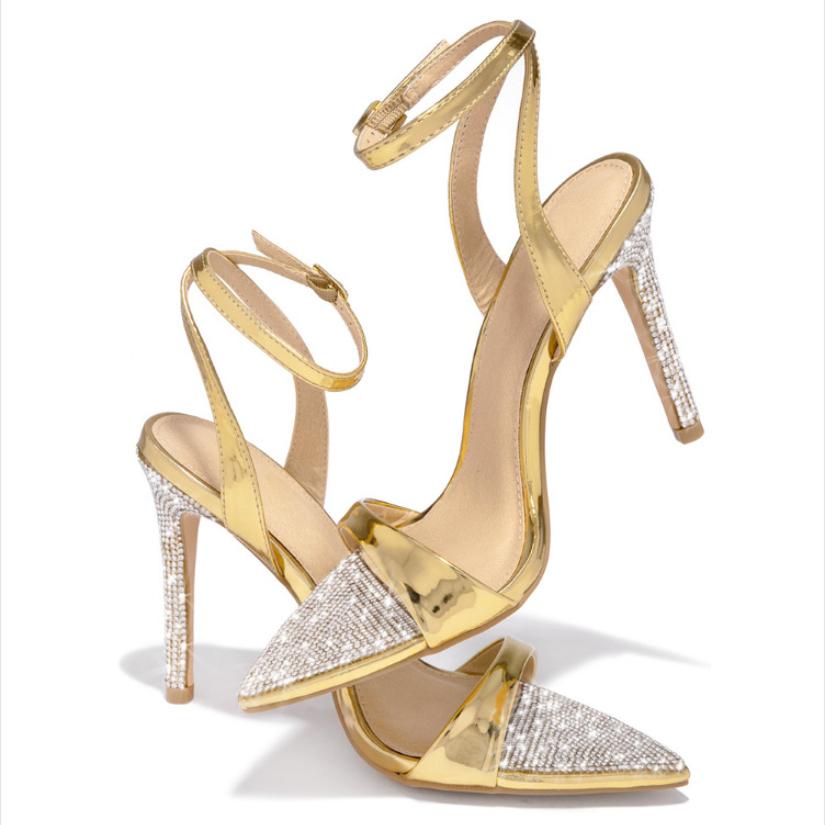 Fashion Plus 35-42 Crystal Pointed Toe Buckle Strap Women's Sandals Thin Heels Golden Female Party Stripper Shoes Womens Shoes