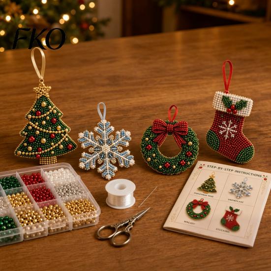 Beaded Christmas Decorations Bead Craft Kit, Ornament DIY Create Tree Snowflake Gift Set Wreath Stocking, Festive Kit for Adults, Handmade Holiday