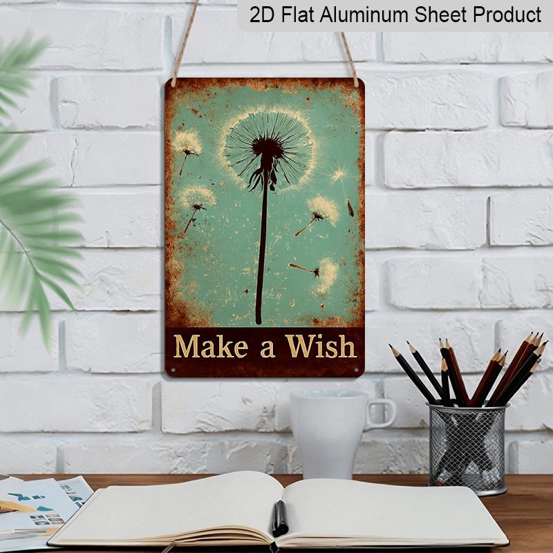 2D Flat, 1pc Vintage "Make A Wish" Dandelion Aluminium Sign - 8"x12" Rustic Floral & Whimsical Decor, Dreamy Dandelion Wall Art, Perfect Gift for