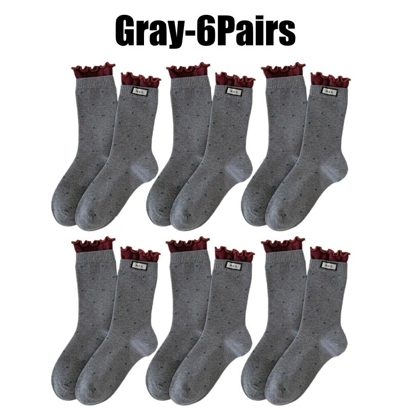 Womens Polka Dot Mid Crew Socks Ballet Style Delicate Lace Edging and Ruffle Trim Fashion Woven Label Simple Design Socks