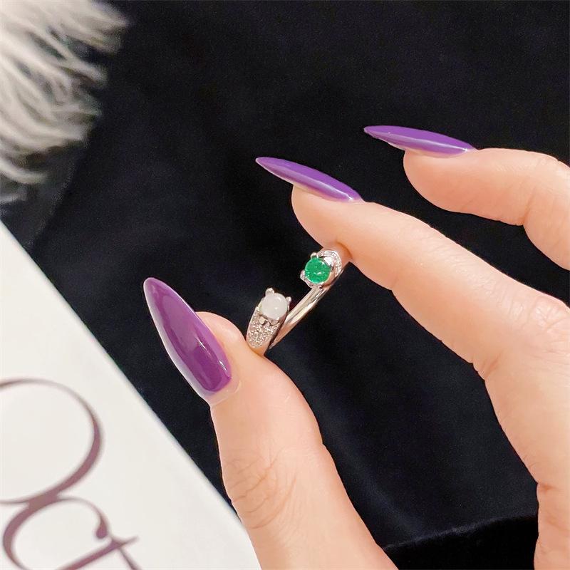 New Emerald Imitation Chalcedony High-End Inlaid Zir*****Pen Ring Niche Fashion Accessories Light Luxury Super Fairy Jewelry