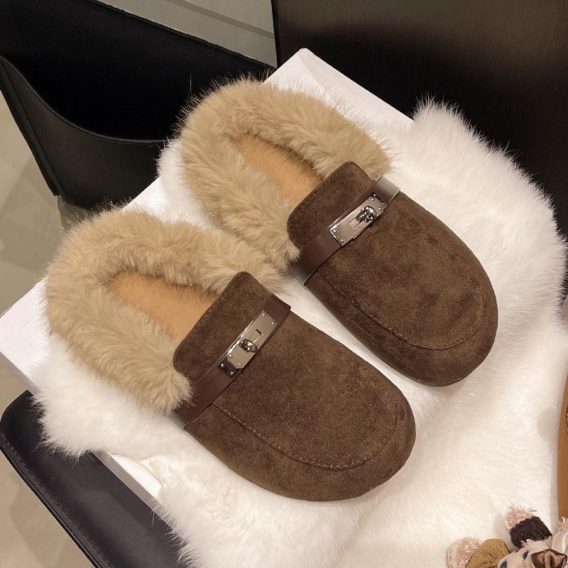 Korean version of retro metal fluffy slippers women's outer wear 2025 autumn and winter new plush muller shoes bag head cotton slippers