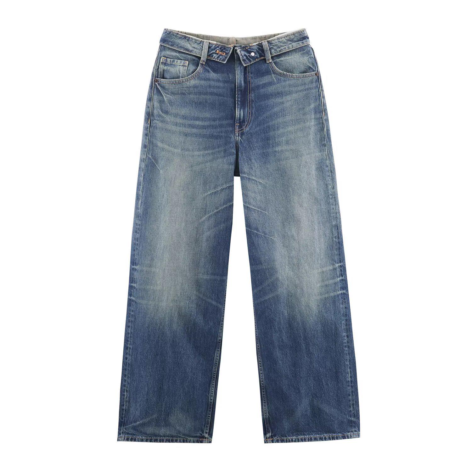

2026 Spring European and American Women s Mid-Waist Folded Denim Pants Large темно-синього кольору