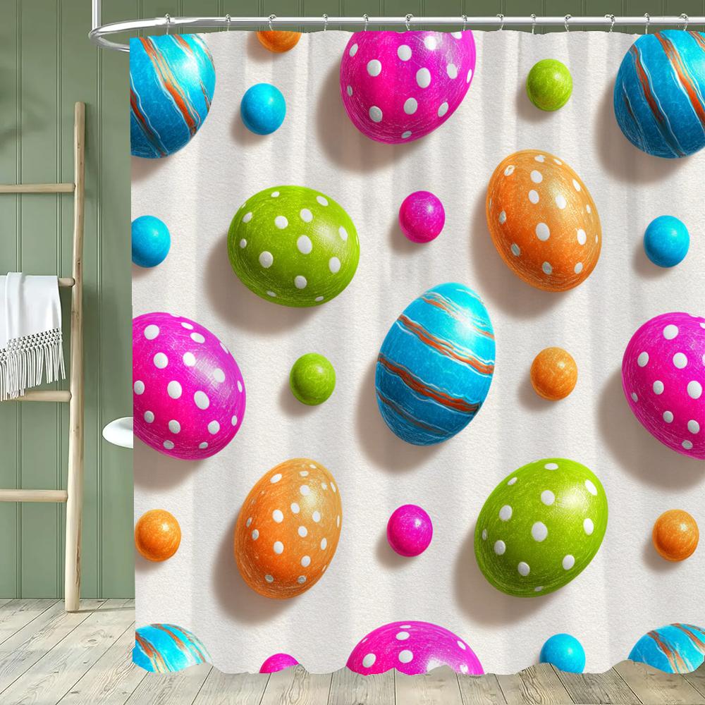 Happy Easter Shower Curtain,Egg and Rabbit Cartoon Printed Polyester Fabric Decorative Bathroom Curtain, Home Curtain with Hooks
