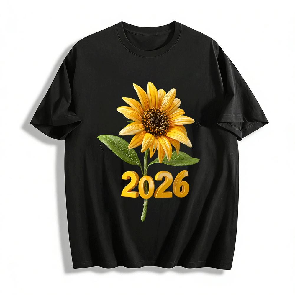 

2026 Sunflower Print Casual T-Shirt Spring Summer Loose Fit Top Pure cotton T-shirt XXS