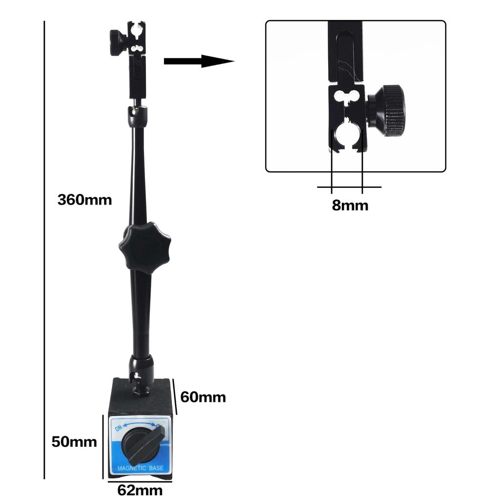 Magnetic Base Stand for Dial Adjustable 360mm 8mm Diameter Magnetic Base Holder Bracket Tool with Locking for Measurement and 1 Unit Height 80kg