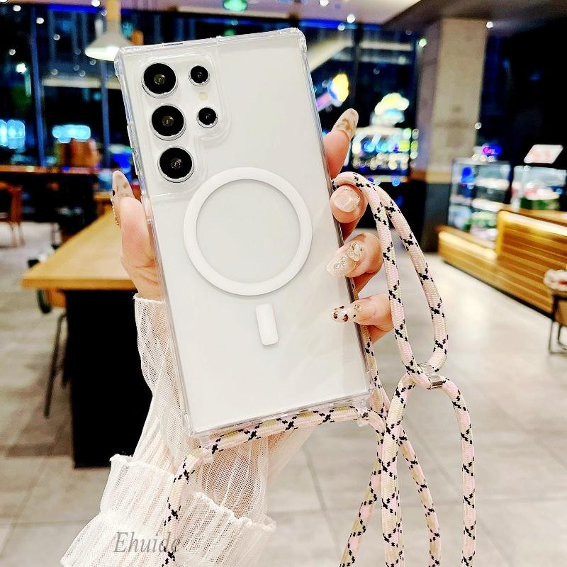 Magnetic Strap Case For Samsung Galaxy S26 Ultra S23 S24 Plus S25 Plus Crossbody Lanyard Clear Wireless Charging Clear Cover