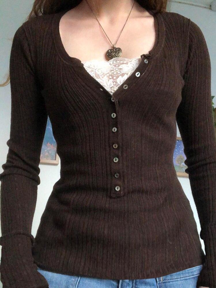 

2022 новый модный весенне-осенний топ для отдыха, женская футболка в стиле Харадзюку, женская одежда в корейском стиле, облегающая женская одежда с длинным рукавом S коричневый