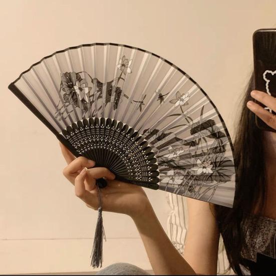 Floral Print Folding Fan with Tassel Chinese Style Hand Held Fan Portable Summer Cooling Fan Dance Performance Party Photo Props