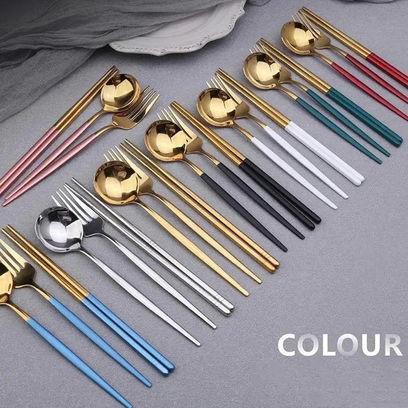 New Spoon Fork Chopsticks Set Storage Box Tableware Coffee Snack Fruit Dessert Portable Spoon Fork Chopstick Set Stainless Steel