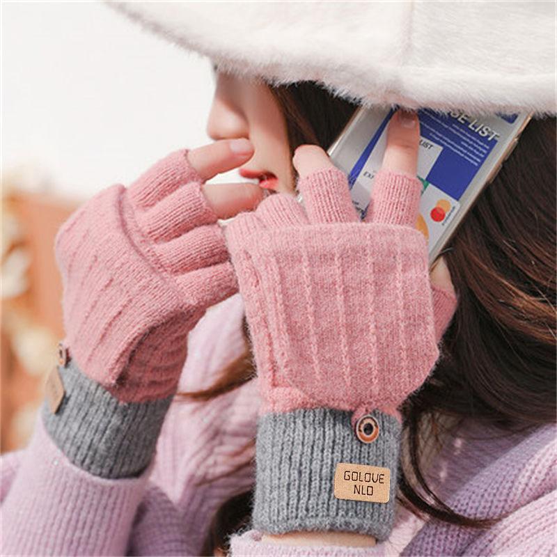 Half finger flip gloves winter ladies cute fleece cold-proof warm wool knitted autumn and winter dew fingers