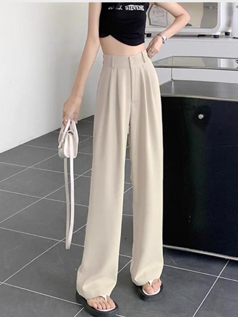 Calças Casuais Femininas Primavera/Verão/Outono/Inverno Novo Design de Cintura Alta e Perna Larga Calças