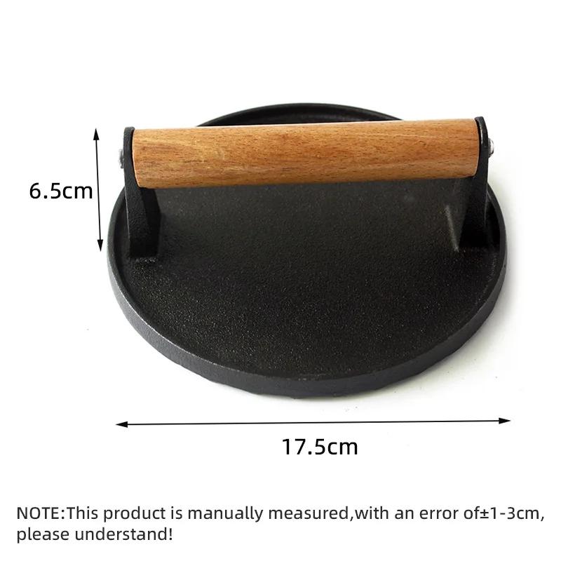 YOMDID 1PC Round Steak Pressing Plate Cast Iron Hamburger Meat Press Tool Steak Plate Wooden Handle Kitchen Barbecue Teppanyaki