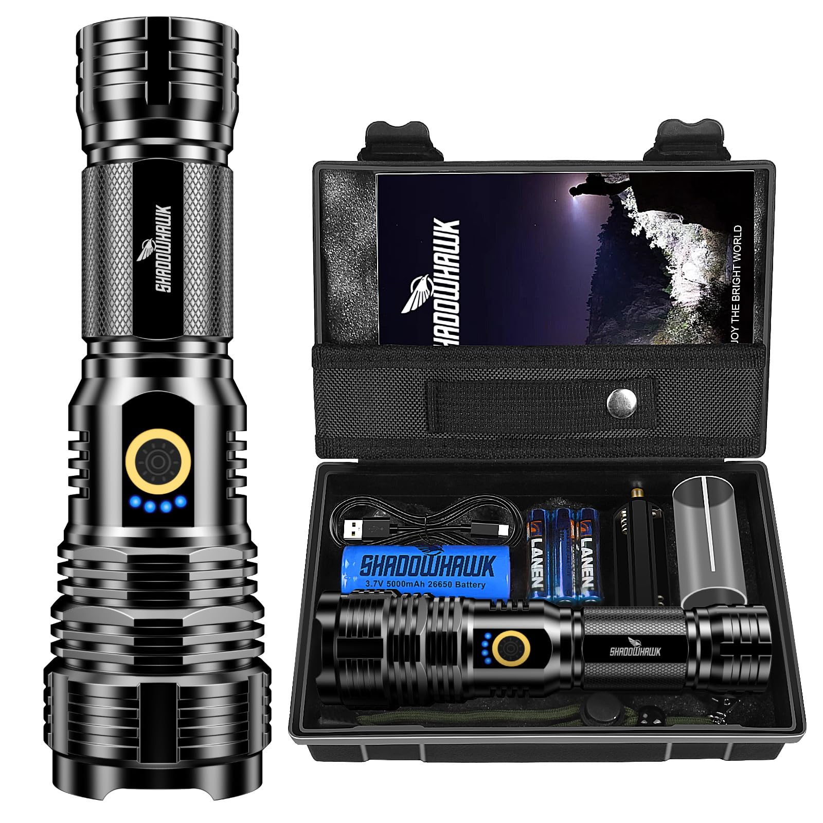 

Shadowhawk LED IP67 5 Dimmable Adjustable Ideal for Emergency Night Power and More XHP70.2 Flashlight, Powerful, Military-Grade, Ultra-Bright 30,000 чорний