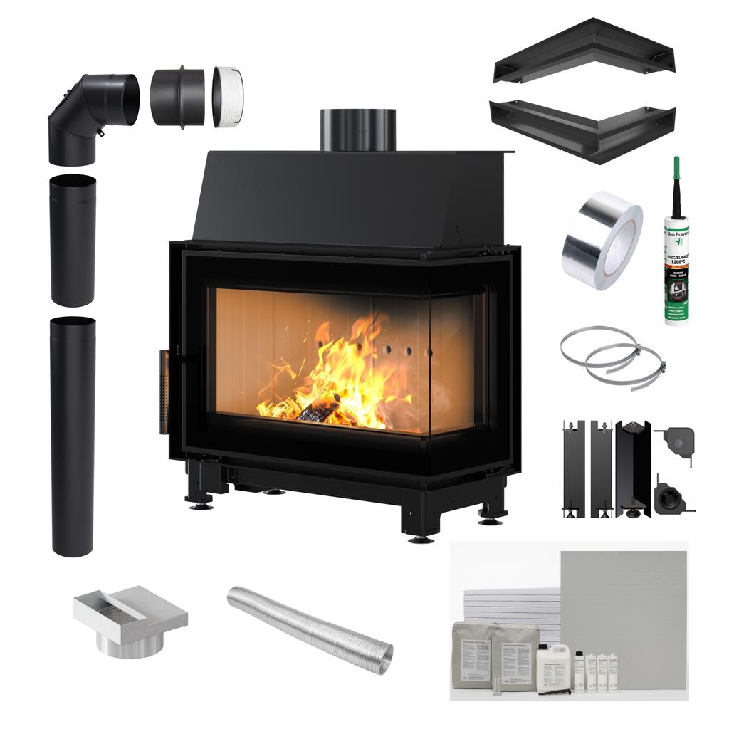 KRATKI SIMPLE Right Steel Air Fireplace 6 kW Ø 150 black lining