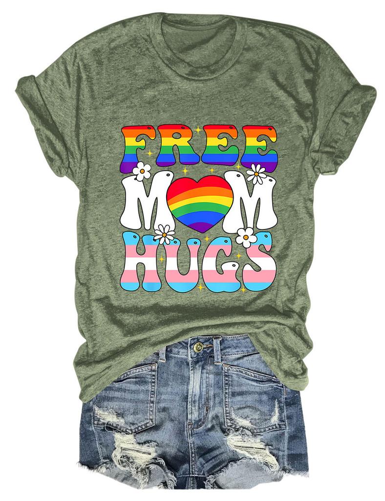 Summer New Shortsleeved Casual Tshirt Free Mom Hugs Print Loose Crew Neck Fashion Top Jumper