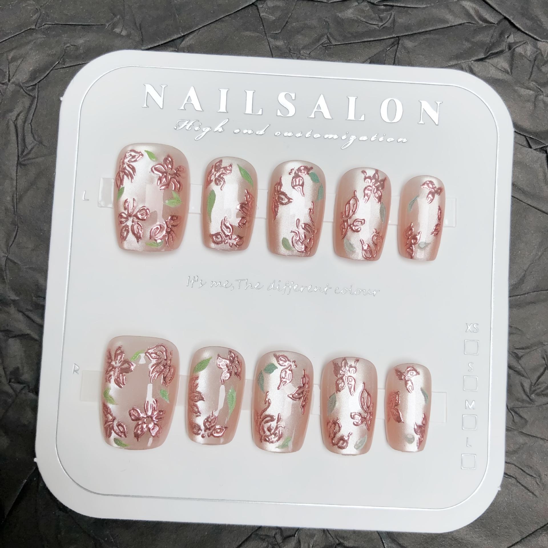 10pcs Rose Golden Cat Eye Floral Press-On Nail Set, Detachable, Romantic, Brightening, Suitable for Fashion, Festivals, and as a DIY Gift for Women XS
