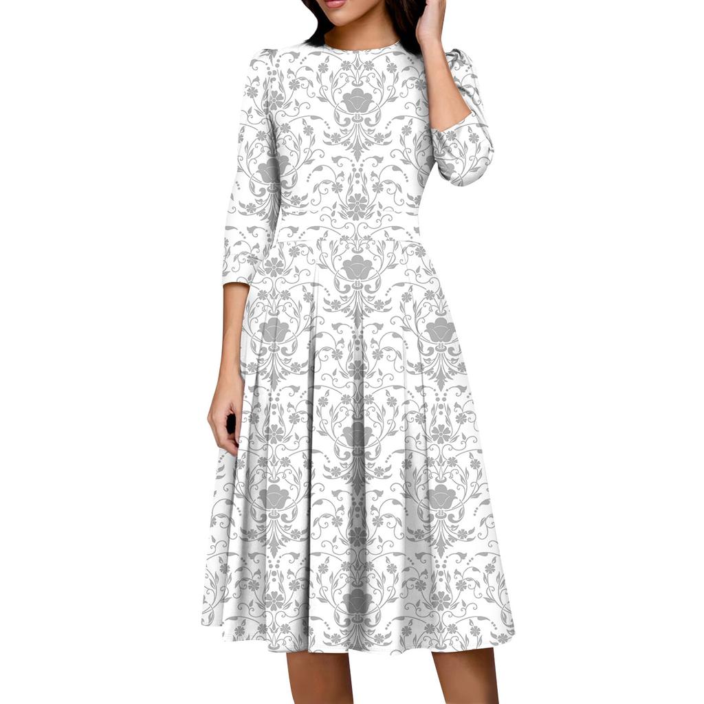 Lässiges und modisches Kleid für Damen mit Blumenmuster, 3/4-Ärmeln, Tasche und Reißverschluss auf der Rückseite