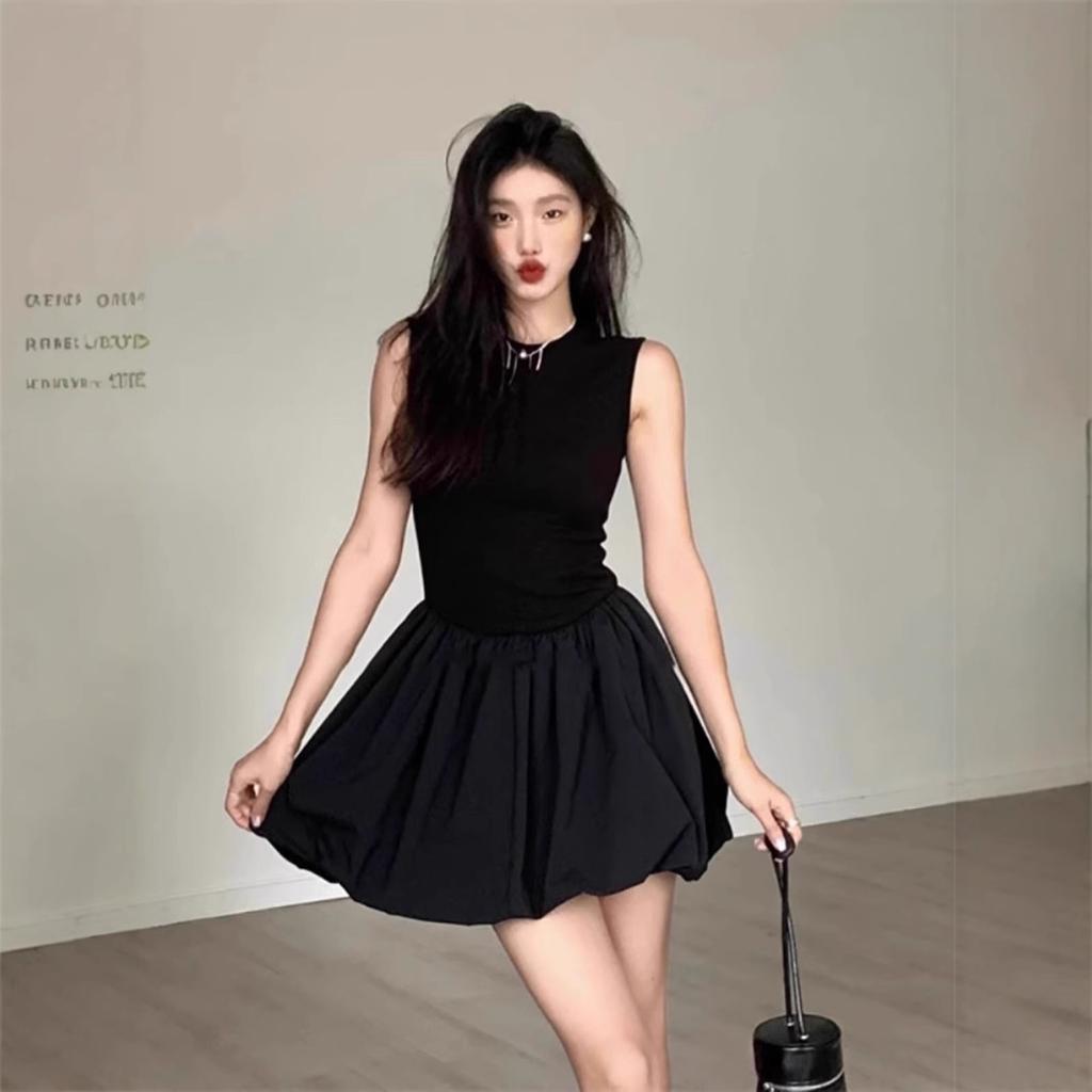 French Niche Black Sleeveless Dress Children's Summer Small Temperament Short Skirt High-end Waist Bud Skirt