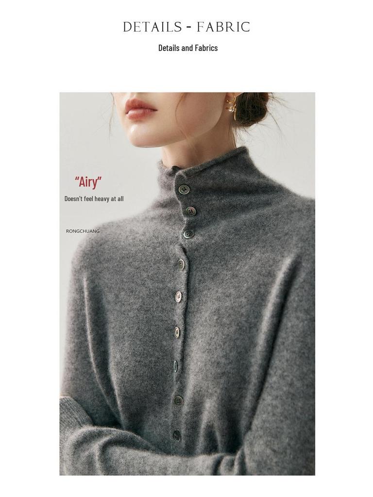 Damen Kaschmir Pullover mit gerolltem Rand, halbem Stehkragen - Minimalistisch, Lockerer Schnitt, Figurschmeichelnder Langarm.