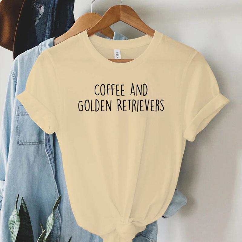 Coffee and Golden Retrievers Shirt Dog Lover Gift Tshirt Female Womens Clothing Round Neck Casual Tops Womens Clothing Sales