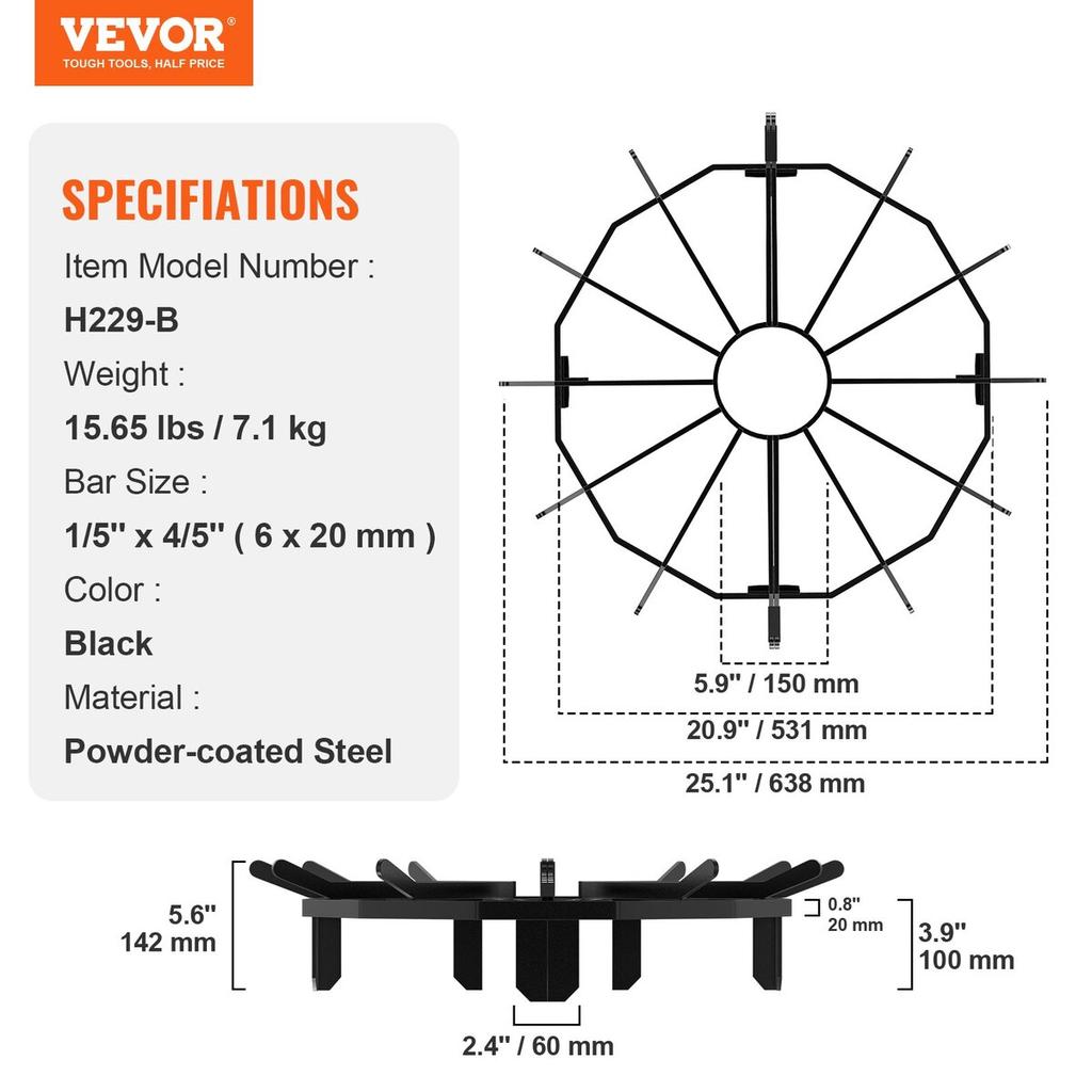 Log Grate, 27 Inch Heavy Duty Wheel Fire Grate with 6 Support Legs, Solid Powder-coated Steel Bars, Log Firewood Burning Rack Holder for Wood Stove