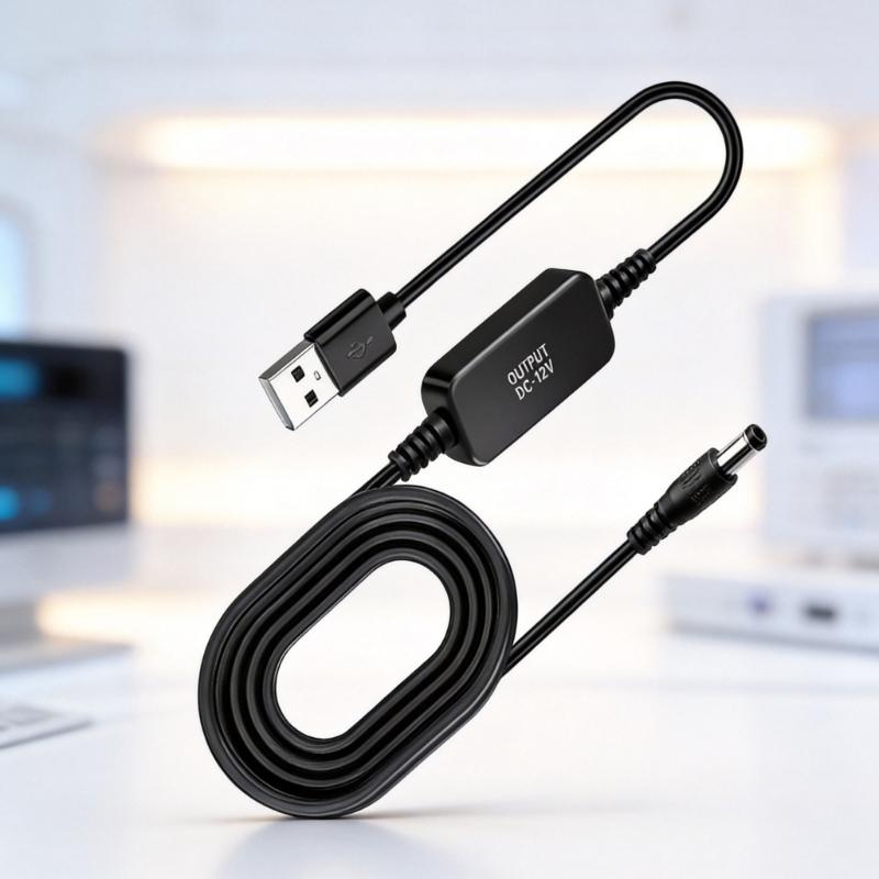 USB 5V to 12V DC5.5mm Connector Cable with Integrated Conversion Module for Compatible Low-Power Equipment and Backup Setups