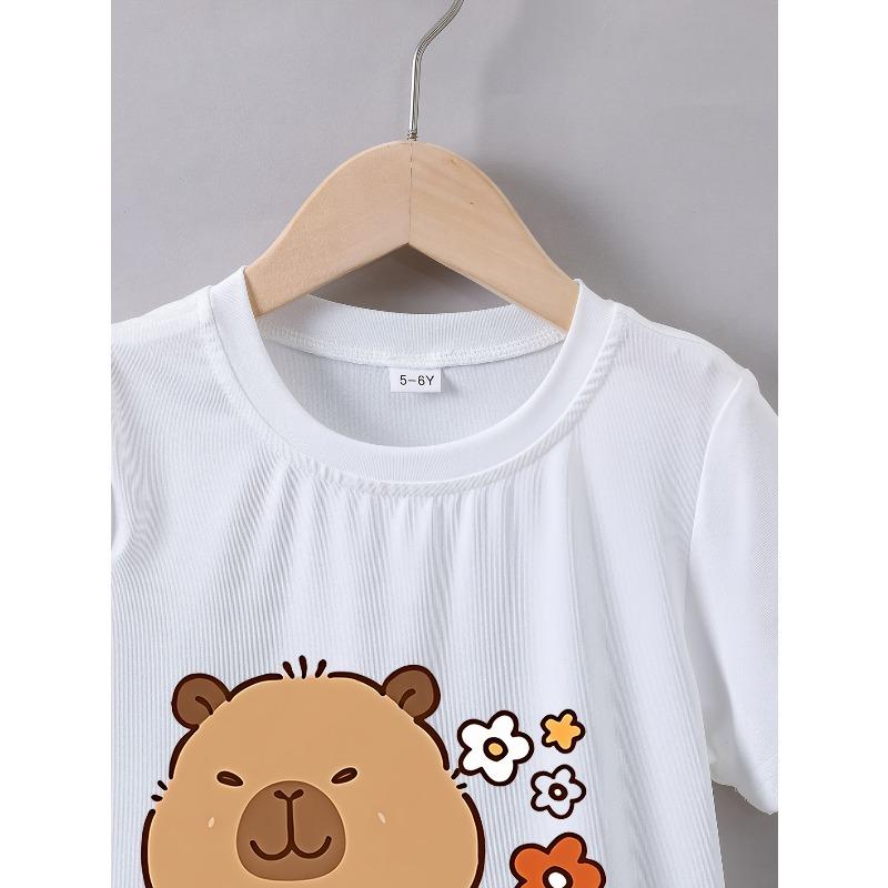 European sizes Summer Short Sleeve "Capybara Riding a Bike" Print T-Shirt