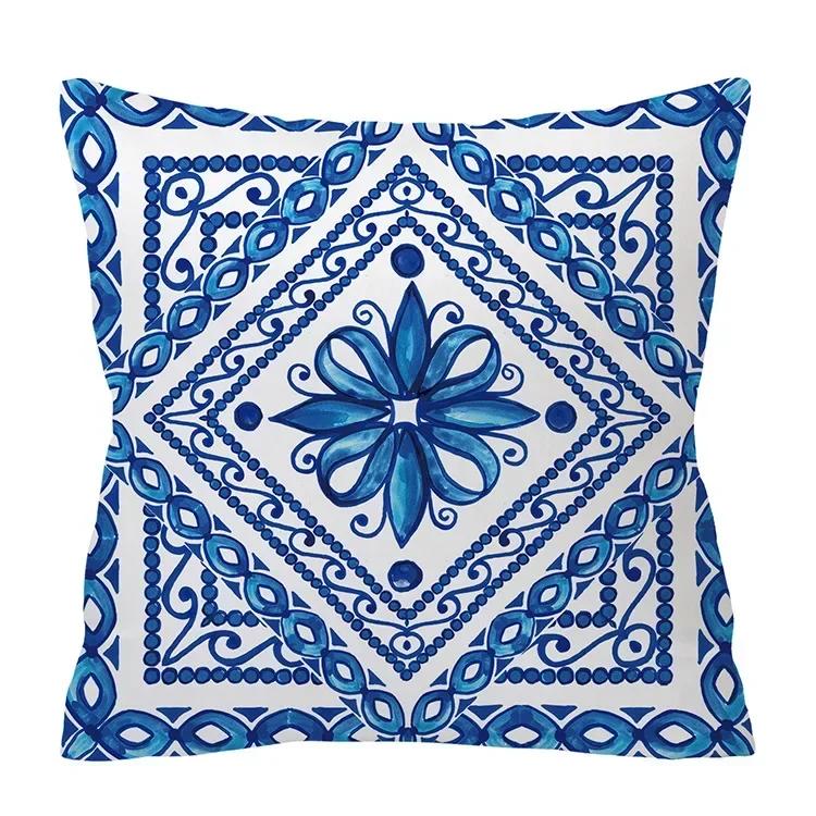 Aquarell Blau Kissenbezug Geometrie Ethnisch Floraler Druck Kissenbezug Modernes Boho Dekor Wohnzimmer Sofa Kissenbezug 45*45cm