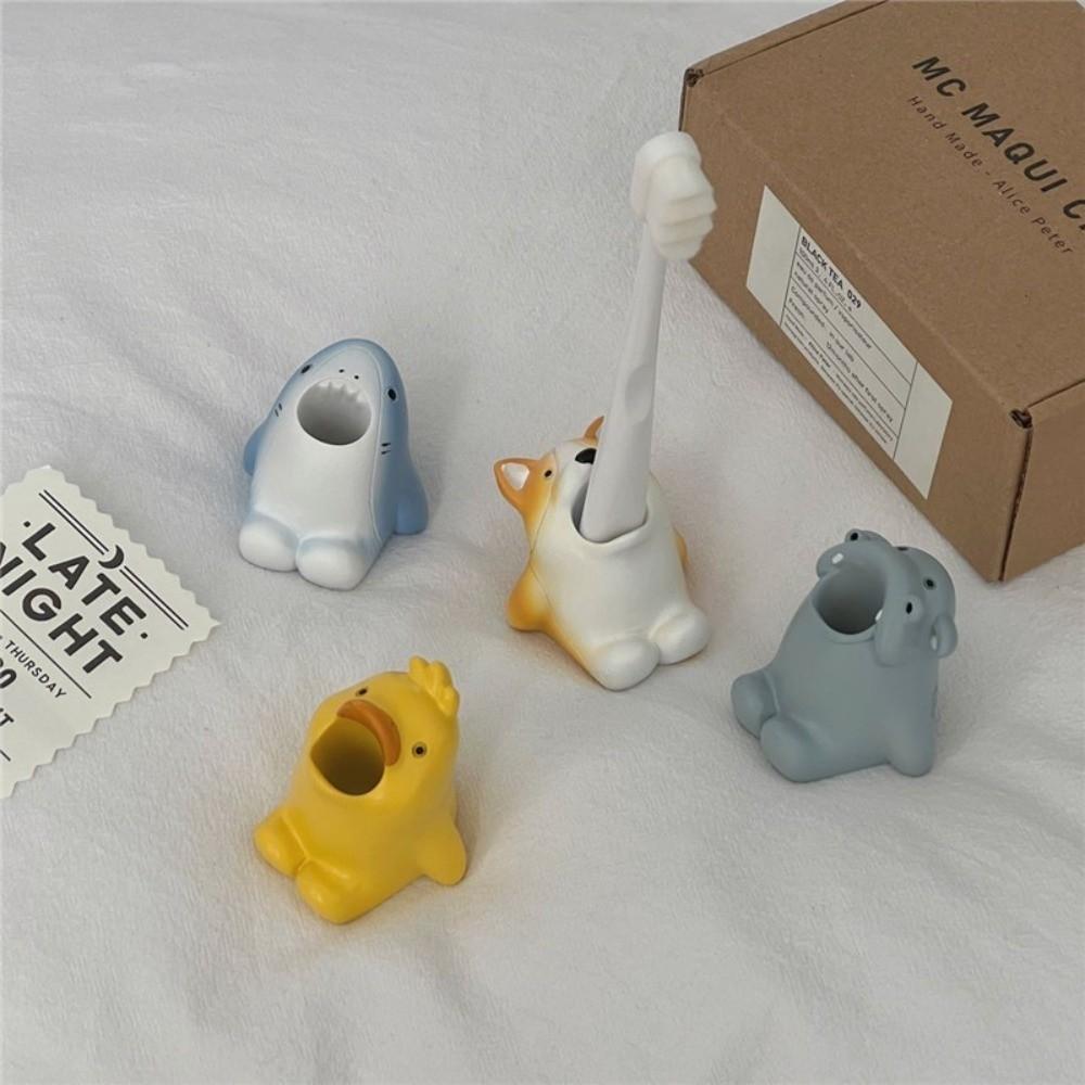 Animal Shape Toothbrush Holder Non-Slip Base Cute Corgi Shark Toothbrush Storage Stand Resin Multi-Functional Bathroom Decor