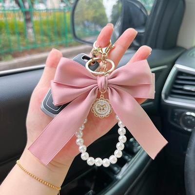 Key Bag Pendant Accessories Faux Pearl Bow Keychain Cute Beaded Bracelet Key Chain For Purse Bag Backpack Car Charm Ribbon
