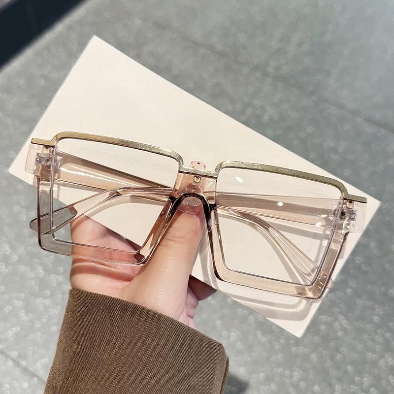 Fashion Oversized Square Glasses New Women Stylish Semi Metal Rim Eyeglasses Trendy Vintage Design Blue Light Blocking Eyewear