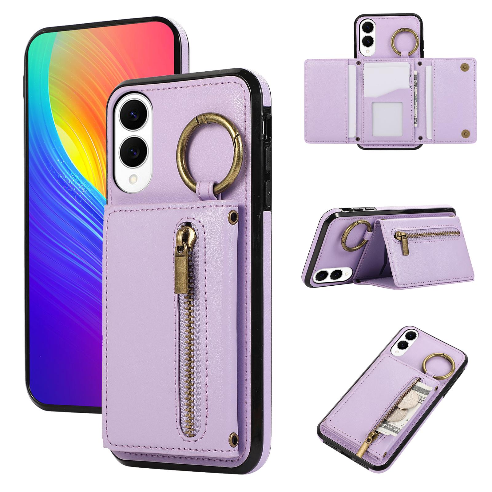 

For Samsung Galaxy S25 Edge Leather Back Cover Zipper Wallet Kickstand Phone Case with Shoulder Strap Purple