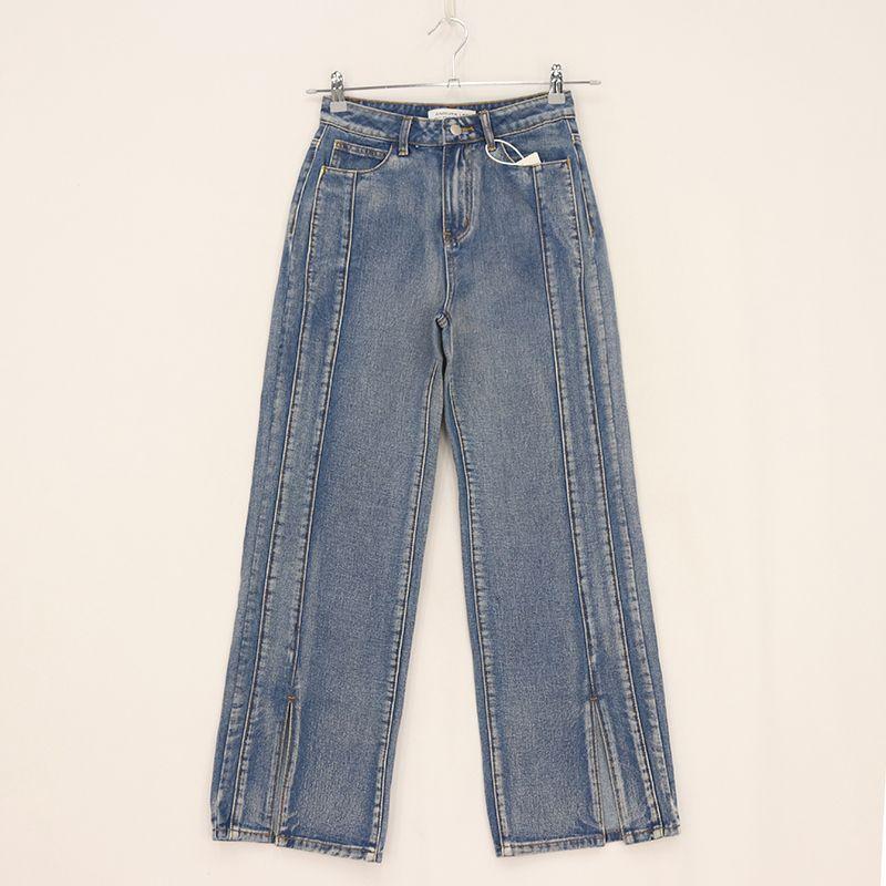 

European and American Single Spring and Autumn Women s Clothing High Waist Double Vertical Stripes Slit Versatile Denim 8g-6-4