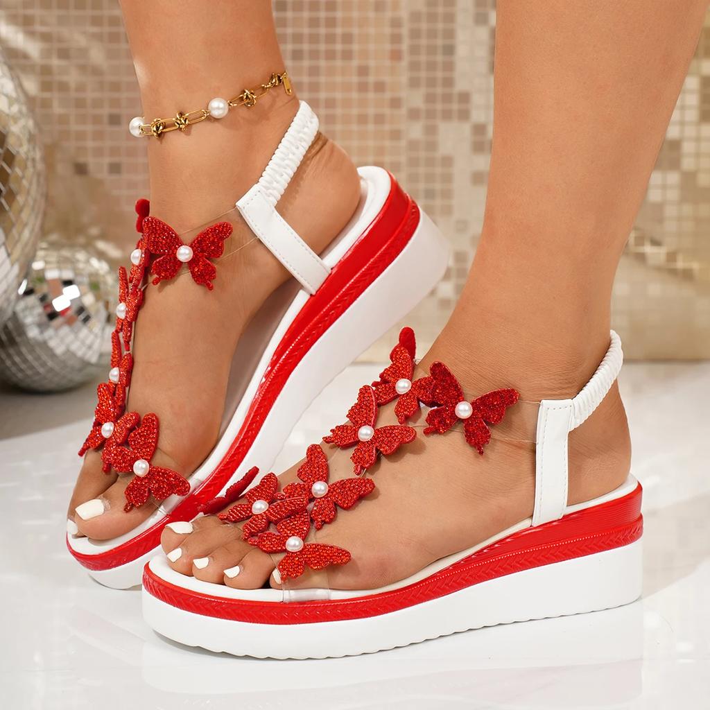 Fashion Women Sandals Lightweight Elastic Band Sandals 2025 New Slip on Wedges Shoes Woman Rhinestone Butterfly Platform Sandals Women