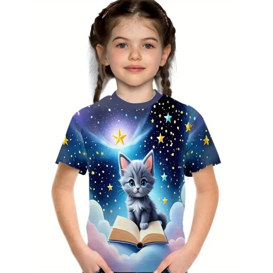 Kids T Shirts 2025 Summer New Girl's Stylish Cute Animal Play, Printed Pattern Round Neck Short Sleeve Tops