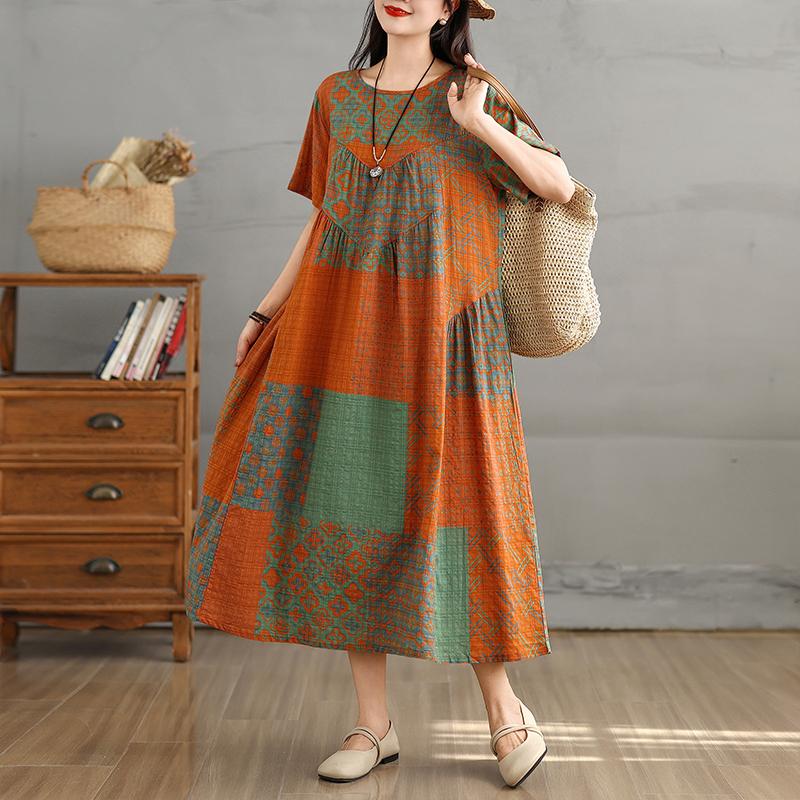 DIMANAF 2025 Women Plus Size Spring Summer Dress Casual Floral Dress Basic Vintage Loose Long Dress Maxi 9303