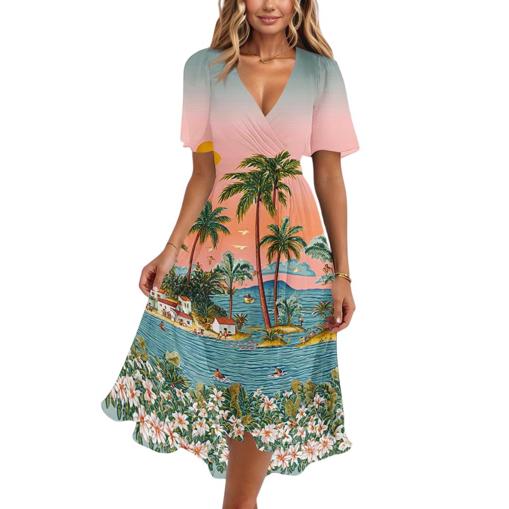 Women V Neck Short Sleeve Casual Dress Hawaiian Print Midi Length Summer Beach Dress with Flowing Skirt