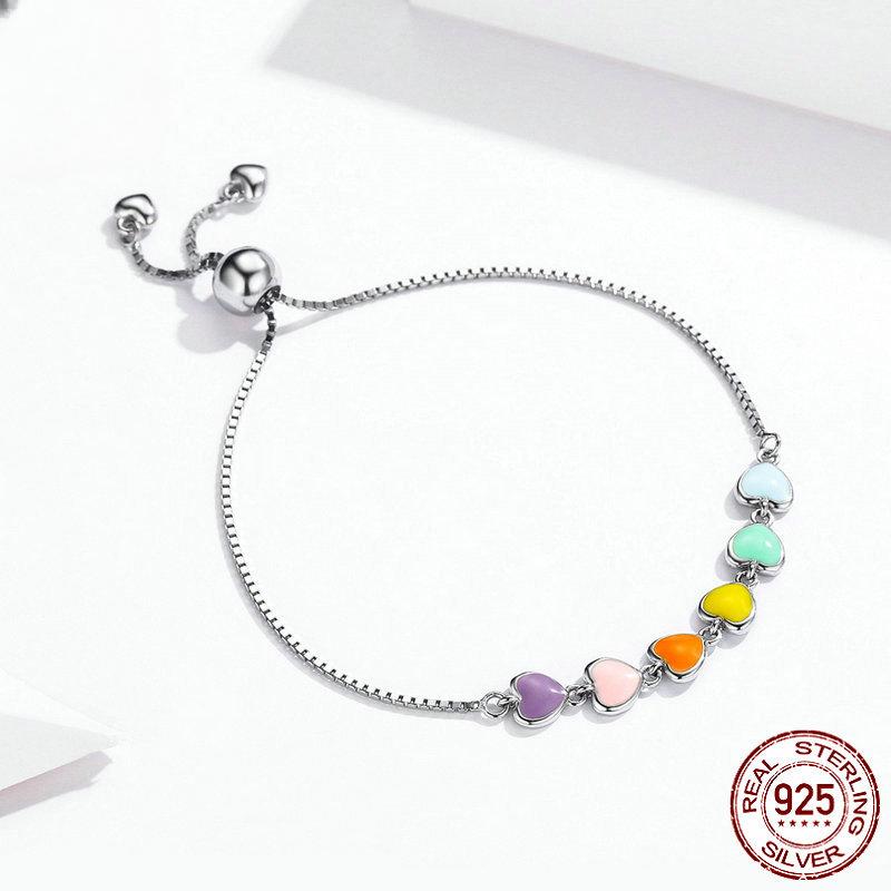 Rainbow Heart S925 Sterling Silver Bracelet Platinum Plated Fashion Silver Bracelet