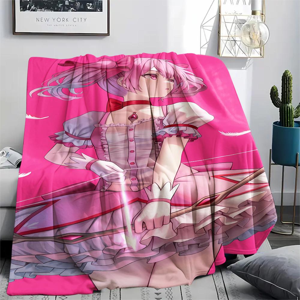 1PC Puella Magi Madoka Magica Print Flannel Blanket, High Quality All Seasons, Home Decor, Warmth and Comfort, Perfect for Christmas Gifts