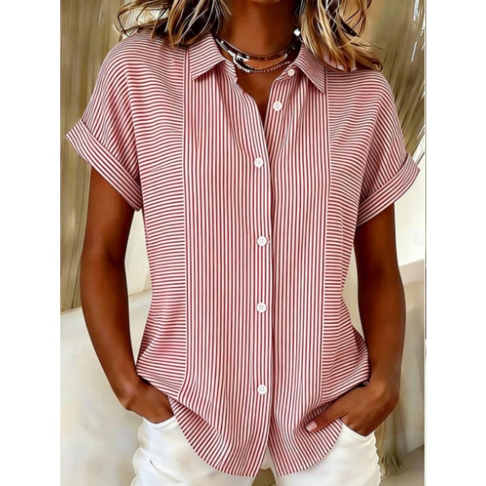 Women's Shirt Short Sleeve Shirt Button Down Blouse Striped Pattern Printed Daily Casual Collar Regular Tops Daily  Summer Spring