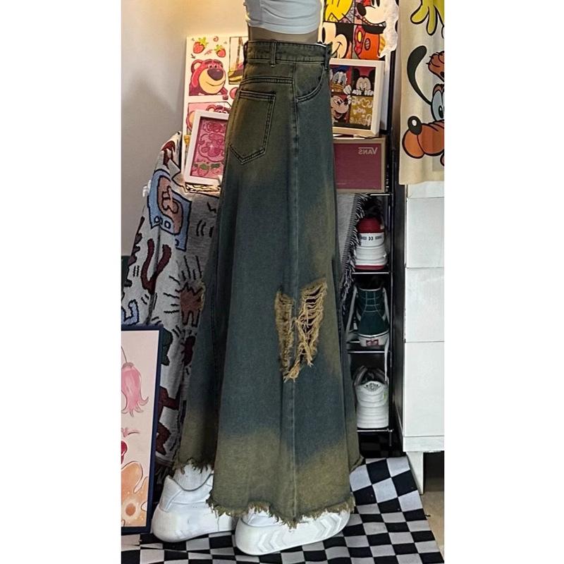 

Plus Size Retro Ripped Denim A-Line Midi Skirt for Women XL