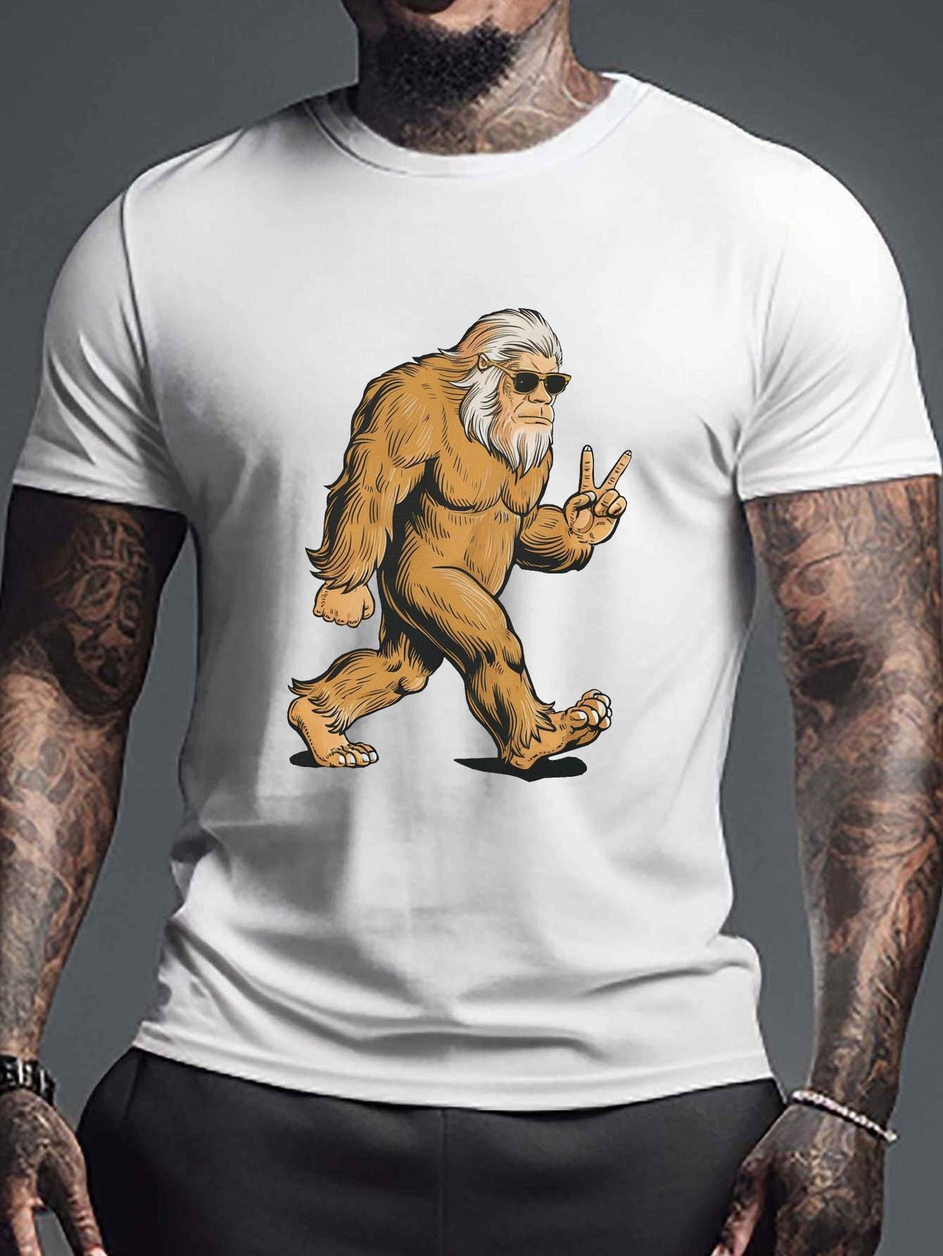 

2026 New Mens Plus Size Casual Tshirt Rock Bigfoot with Glasses Geometric Pattern Round Neck Regular Style S