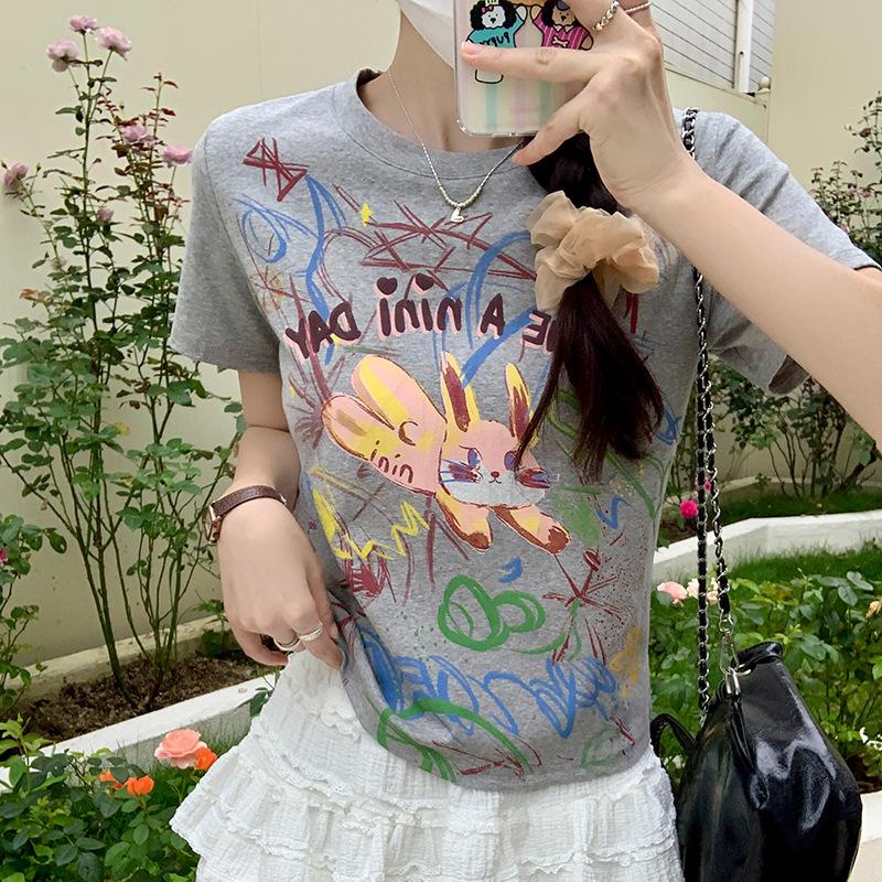 European Round Neck Graffiti Printed Letter Short-sleeved T-shirt Women's Summer New Slim and Thin Versatile Top Trendy