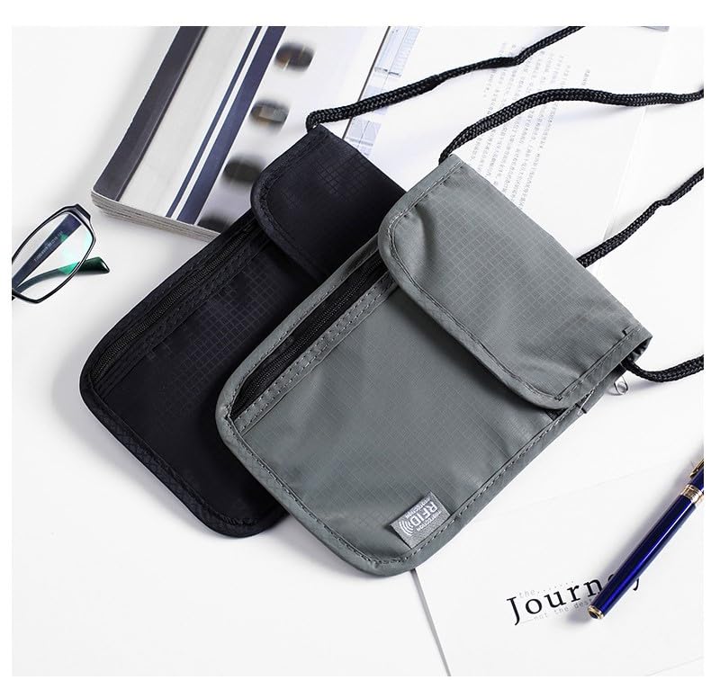 Chaiclo Passport Case with RFID Guard and Neck Pouch for Small Storage Hanging Neck Holder with Back Zipper Security, Travel, Pockets, (Gray)