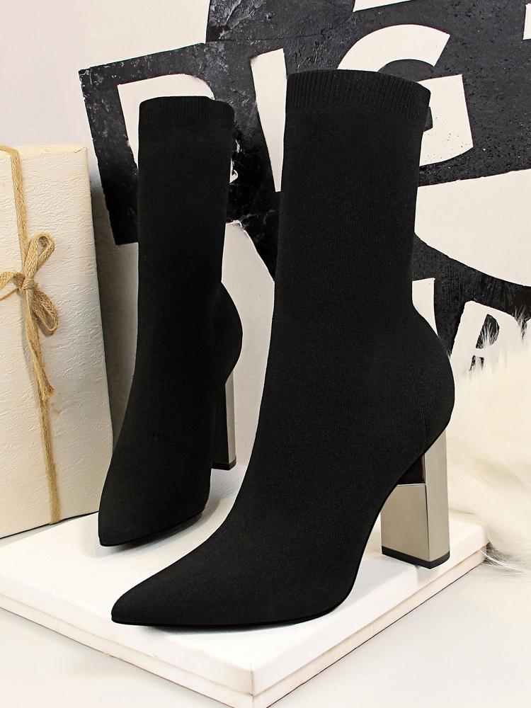 

BIGTREE Autumn Winter Knitted Stretch Fabric Socks Women Low Heel Short Boots Gray Pointed Toe Female Ankle Booties 43