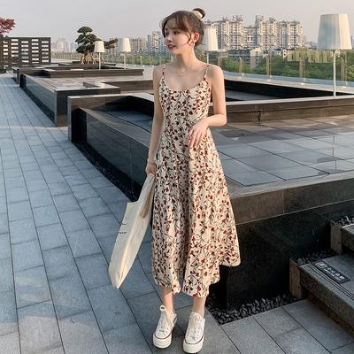 Robe à Bretelles Florale Taille et Mince Été Frais Nouvelle Petite Robe Longue Vêtements pour Femmes