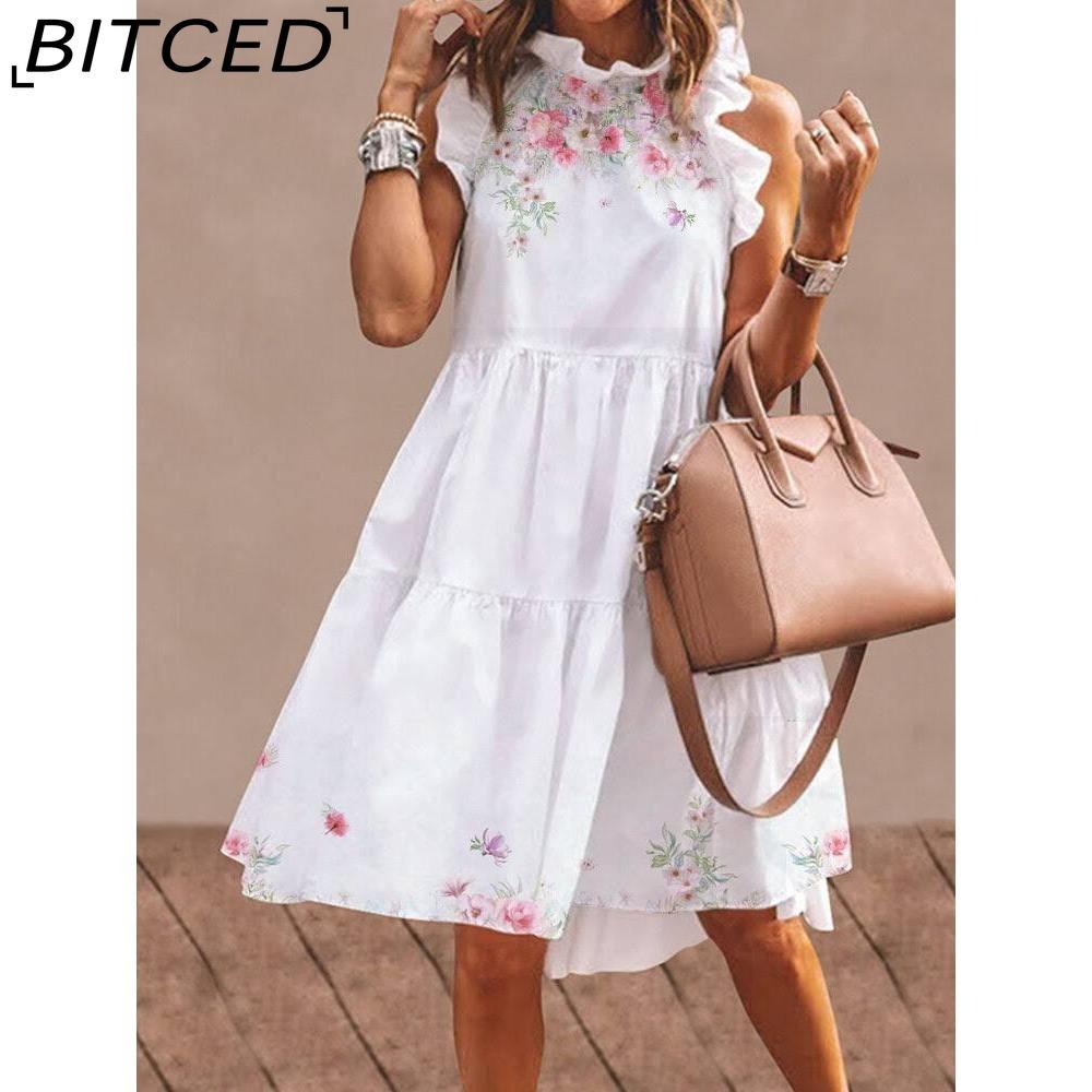 BITCED Women Floral Print Dress Loose Streetwear Knee Length Sleeveless Ruffle Party Dress S-3XL