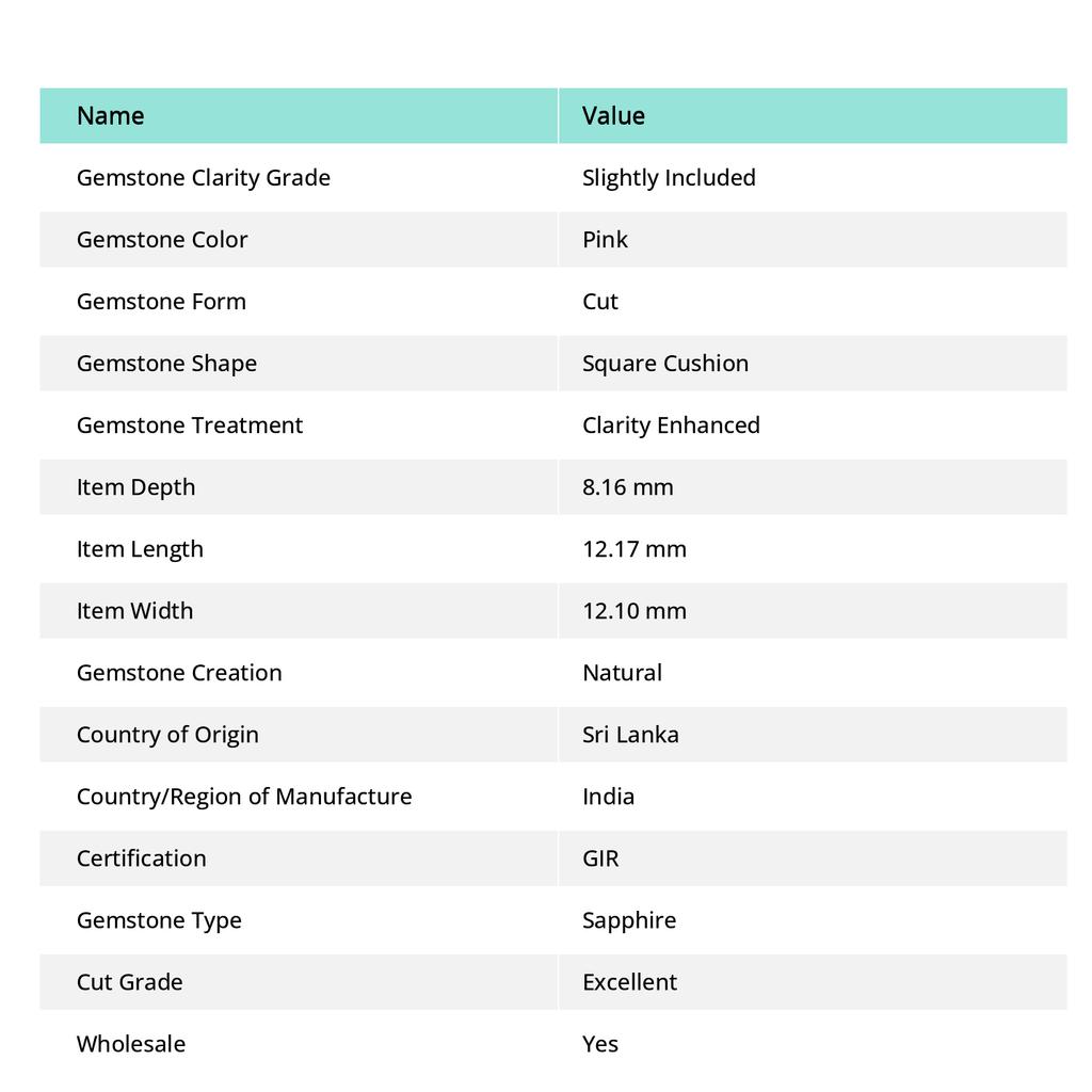 Loose PINK Ceylon Sapphire NATURAL Gemstone 11.15 Ct Square Cut AAA+ CERTIFIED 1S-438