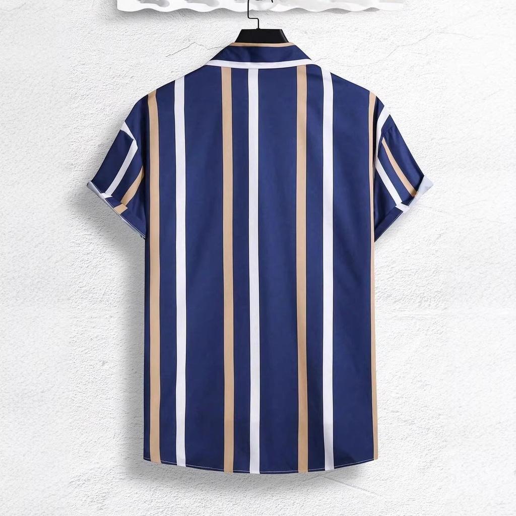 Summer New Men Clothes Short Sleeve Lapel Shirt Tops Fashion Stripe Design Men Tops